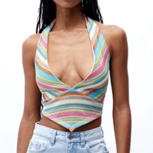 Kendall & Kylie crochet woven halter top colorful